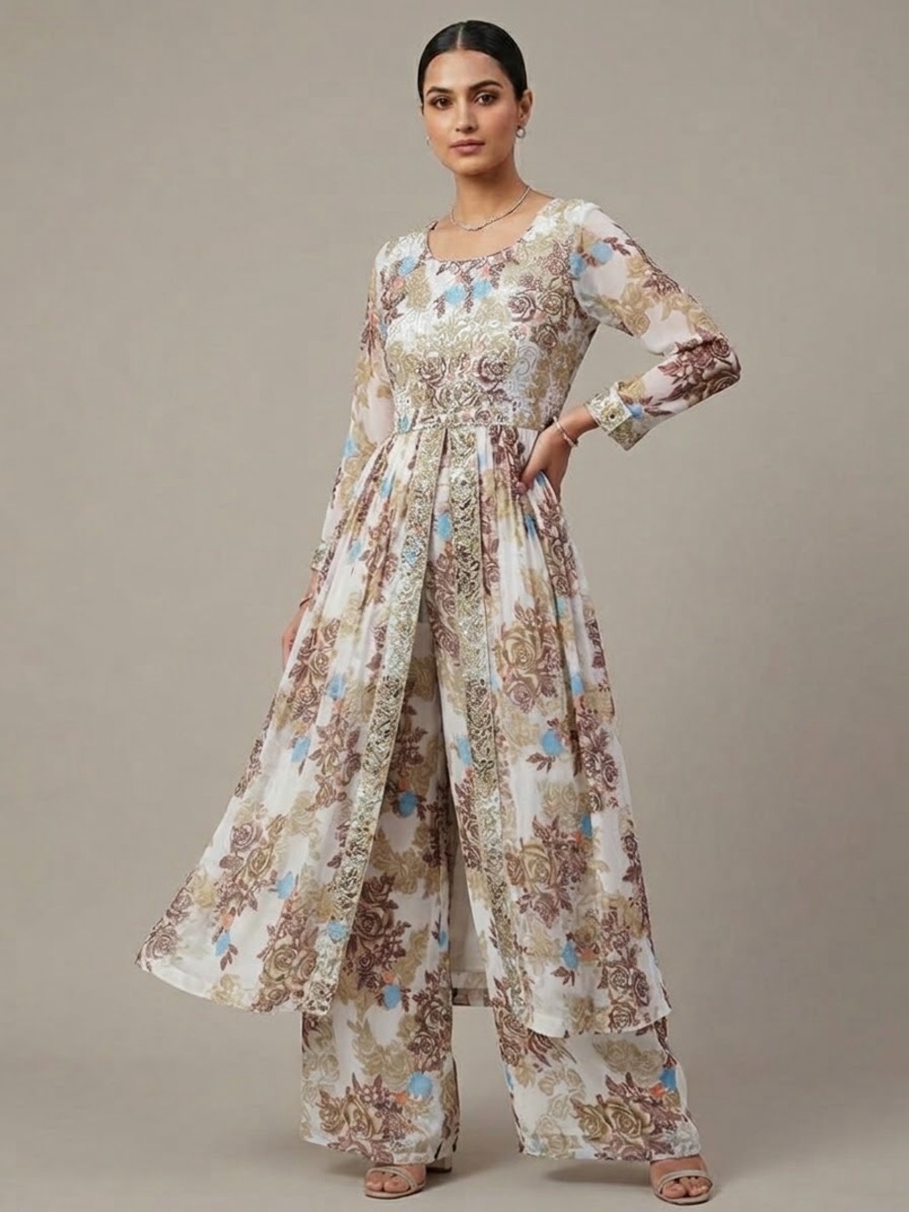White Floral Open Front Palazzo Pant Salwar Size Large